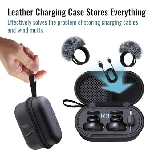 Wireless Lavalier Microphone for iPhone and Android | Leather charging case with integrated charging, 40H battery life, 55M transmission and noise reduction for vlog and streaming