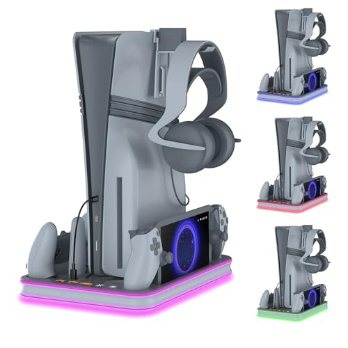 PS Pro Cooling Station, Portal Charger, Dual Controller Dock & RGB Lights | Magnetic Portal dock and dual controller chargers show status; set console USB power to Always for charging in rest mode - color: Gray