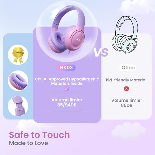 Acer Kids Headphones for School, 85-94dB Limiter, 3.5mm Jack, w/Mic HK03 | Foldable Wired Over Ear Headphones, for Toddler School/Travel/iPad/Tablet, Pink-Purple Gradient - color: Purple-Pink Gradient