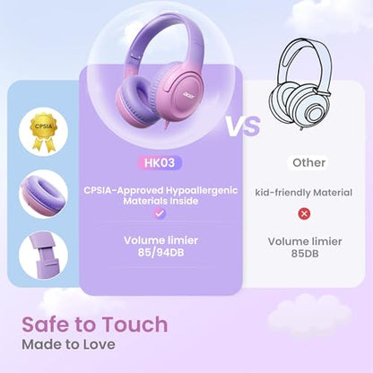 Acer Kids Headphones for School, 85-94dB Limiter, 3.5mm Jack, w/Mic HK03 | Foldable Wired Over Ear Headphones, for Toddler School/Travel/iPad/Tablet, Pink-Purple Gradient - color: Purple-Pink Gradient