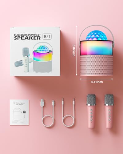 Karaoke Machine with Disco LED Lights for Kids Adults, Mini Portable Bluetooth Speaker with 2 Wireless Microphones, Birthday Gifts for Girls Family Party Basket Stuffers (Pink) - color: Pink