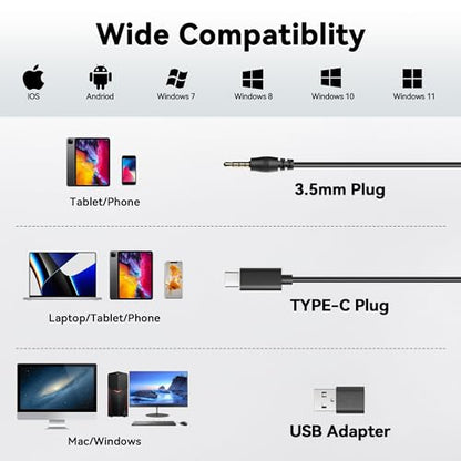 Wantek Headset with Microphone for PC, USB Wired Headphones - USB-C Over-Ear 3.5mm Headsets with Noise-Cancelling Microphone for Laptop - Computer Headphones with Mic in-line Control for Home