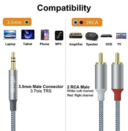 DCHAV 3.5mm to RCA Audio Cable 4ft 2 Male RCA Aux Cord Adapter Headphone Jack Y Splitter for Speaker Stereo Car Subwoofer TV MP3 Laptop Amplifier with Nylon Braided Wire Gold Plated Plug Red White - style: 3.5mm to 2 RCA