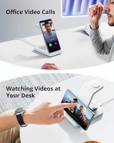 JoyGeek 3 in 1 Wireless Charging Station for Samsung&Android, Charger Stand for S26/S25/S24/S23/S22/S21/S20/Note20/Z Fold&Flip Series, Galaxy Watch8/7/6/5/4/3/Active2/1, Buds 3 Pro - color: White