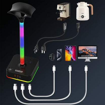 RGB Headphone Stand with Charger 3 USB Ports and 2 AC Outlets,2 USB-A 1 Type C,Desk Gaming Headset Holder with 9 Light Modes,PC Gaming Desk Accessories,Gamer Gifts,RGB Gaming Stuff Headset Stand | 9 Light Modes:7 Static & 3 RGB Dynamic Lights; 2 AC,2 USB-