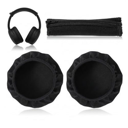 3 PCS Headphone Headband Covers, 1 PCS Headphone Band Cover with Zipper and 2 Pairs Elastic Headphones Covers for Men Women Studying Sports Gaming Gym, Black