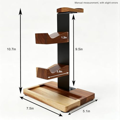 Acacia Wood Gaming Headset Stand & Dual Controller Holder, Solid Wood Desk Organizer Compatible with PS5, Xbox, Switch, Over-Ear Headphones, Gamer Gift for Men