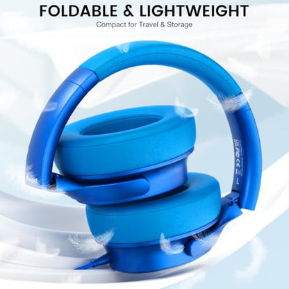 USB C Wired Over-Ear Headphones with Microphone | Volume Control, Share Port, Adjustable Headband Foldable Stereo Headset for Adult/Teens for iPhone 16, Laptop, Gaming, Travel - color: Sky Blue