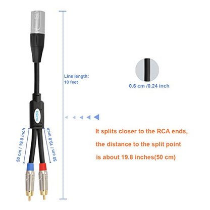 Tisino 2 RCA to XLR Male Unbalanced Cable Y-Splitter, 10 FT/3m | Unbalanced Dual RCA Male to 1 XLR Male Splitter Cable for Mixer Amplifier Home Theater Systems, 20AWG OFC Gold-plated - size: 10 feet, style: XLR Male to Dual RCA