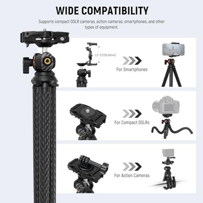 NEEWER Flexible Tripod with Remote, Mini Camera Phone Tripod Stand with Hidden Phone Holder&Action Camera Adapter Compatible with iPhone GoPro Hero13 12 11 10 DJI Insta360 Samsung for Vlogging, TP34 - style: TP34