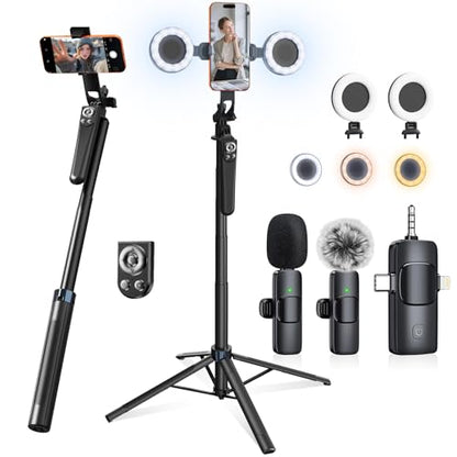 Content Creator Essentials Vlogging Kit for iPhone, Tripod & Wireless Mic | 71" Tripod with light, remote, selfie stick, phone stand. Designed for TikTok, YouTube, video recording