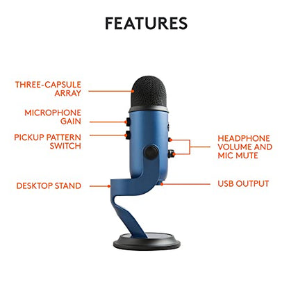 Logitech Creators Blue Yeti USB Microphone for PC, Mac, Gaming, Streaming, Podcasting, Studio and Computer Condenser Mic with Blue VO!CE Effects, 4 Pickup Patterns, Plug and Play - Midnight Blue | Mac, Gaming, Streaming, Podcasting, Studio and Computer Co