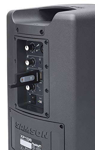 Samson Expedition XP106w 100 Watt Rechargeable Bluetooth Speaker with Wireless Handheld Microphone, Black | Key details: 100 watts with Bluetooth, Wireless HH mic (rechargable battery)
