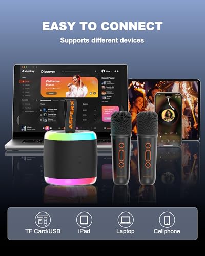 Mini Karaoke Speaker with 2 Wireless Microphones,Voice Effects,Led Lights, Portable Singing Machine for Ages 3,4,5,6,7,8,9,10,11,12+ Years Old Girl Birthday Gift, Kids Karaoke Machine (Black) - color: black
