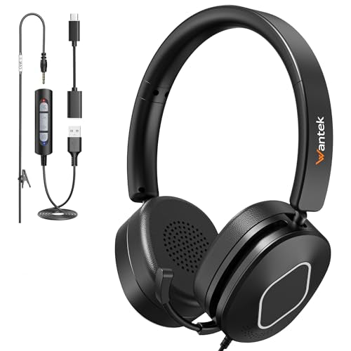 Wantek Headset with Mic, USB Headset with Microphone for PC | Computer Headset with Noise Canceling Mic, Mute & Volume Controls for Work, Zoom, Teams, Online Meetings, Home Office - color: Dark black