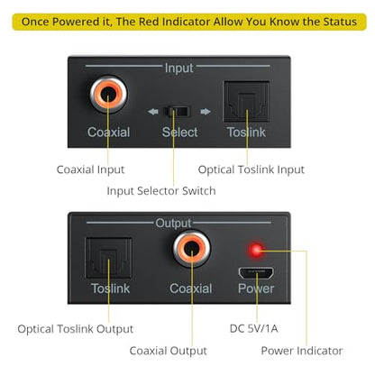 PROZOR 192K 양방향 동축 광학 컨버터, 광학 SPDIF 토스링크 - 동축, 동축에서 광학 SPDIF 토스링크, DTS/Dolby-AC3 지원, 광학 케이블이 있는 양방향 디렉셔널 디지털 스플리터