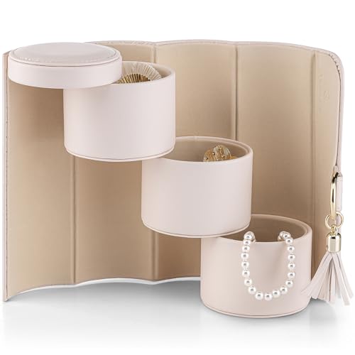 VLANDO Travel Jewelry Case for Women, Travel Essential, Travel Must Haves Jewelry Travel Organizer for Girls, Christmas Gift for Travelers Couples Mom Friends - Light Pink | Stepped Sections Compartments Keep Jewelry Visible, Soft Lining Protect Pieces, S