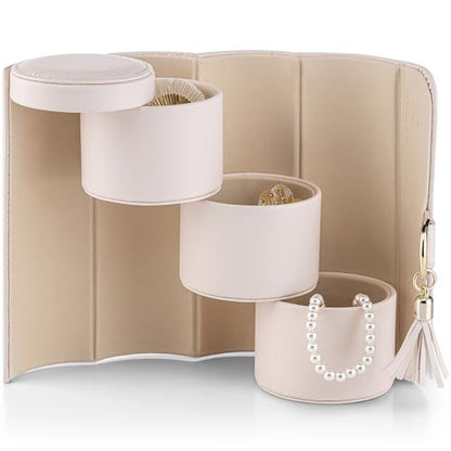 VLANDO Travel Jewelry Case for Women, Travel Essential, Travel Must Haves Jewelry Travel Organizer for Girls, Christmas Gift for Travelers Couples Mom Friends - Light Pink | Stepped Sections Compartments Keep Jewelry Visible, Soft Lining Protect Pieces, S