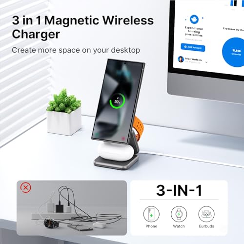 KU XIU 3 in 1 Charging Station for Samsung Phone Watch Buds | Aluminum Alloy Foldable Wireless Charger for Samsung Galaxy S26 S25 Ultra/Galaxy Buds, for Galaxy Watch Ultra 8 7 6 5 4 - color: Grey 1