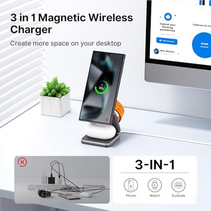 KU XIU 3 in 1 Charging Station for Samsung Phone Watch Buds | Aluminum Alloy Foldable Wireless Charger for Samsung Galaxy S26 S25 Ultra/Galaxy Buds, for Galaxy Watch Ultra 8 7 6 5 4 - color: Grey 1