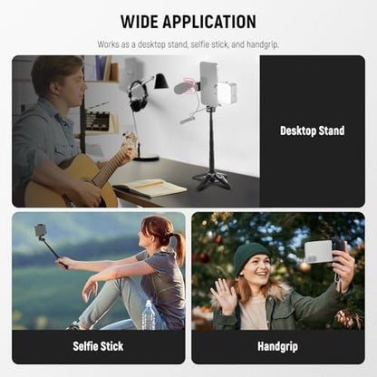 NEEWER Selfie Stick Tripod for iPhone, Lightweight Foldable Mini Travel 360° Desk Stand with Cell Phone Holder Cold Shoe for Video Recording Vlog Streaming, Remote Shutter & Cleaning Cloth, P15 Black