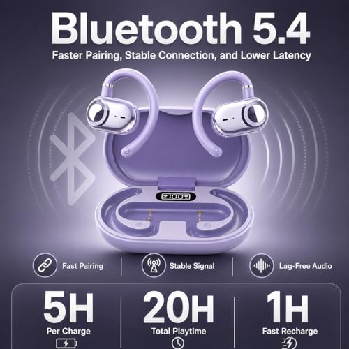 Open Ear Earbuds Bi-Axial Custom Fit Immersive Sound Wireless Headphones | Over The Ear Bluetooth Ear Buds Waterproof Long Battery for Running Outdoor Sports Travel Conference - OpenBass Fit Purple - color: Pulse Lavender