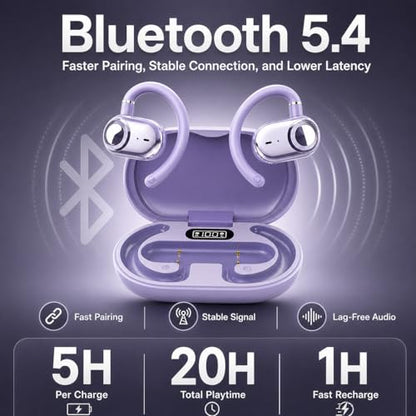 Open Ear Earbuds Bi-Axial Custom Fit Immersive Sound Wireless Headphones | Over The Ear Bluetooth Ear Buds Waterproof Long Battery for Running Outdoor Sports Travel Conference - OpenBass Fit Purple - color: Pulse Lavender