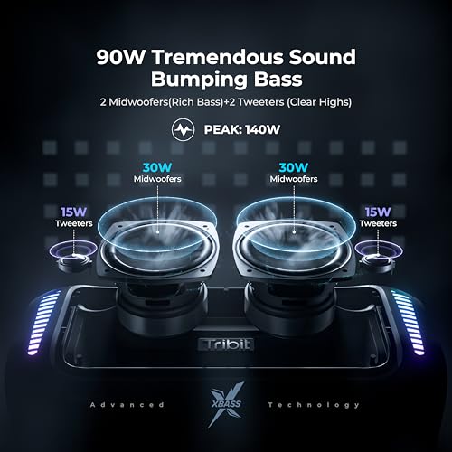 Tribit StormBox Blast Bluetooth Speaker, 90W Loud Sound, 30H Playtime | IPX7 Waterproof, 140W Peak, XBass, LED Light, Wireless, Portable, TWS Pairing, Custom EQ, BT5.3, Party, Outdoor, Camping