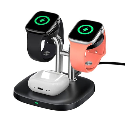 3 in 1 Dual Watch Wireless Charger Stand for Apple Watch Ultra/11 & AirPods | Dual magnetic watch charging, 5W Fast watch charge, Ergonomic design, Chrome plated plastic stand, Multi safety guard, 704A - color: Black & Silver