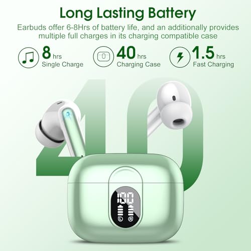 Wireless Earbuds, 2025 Bluetooth Headphones 5.3 HiFi Stereo Earphones, 40H Playtime in-Ear Earbud, Bluetooth Earbud with LED Power Display, IP7 Waterproof Earphones Sport Headset for Android iOS - color: Green