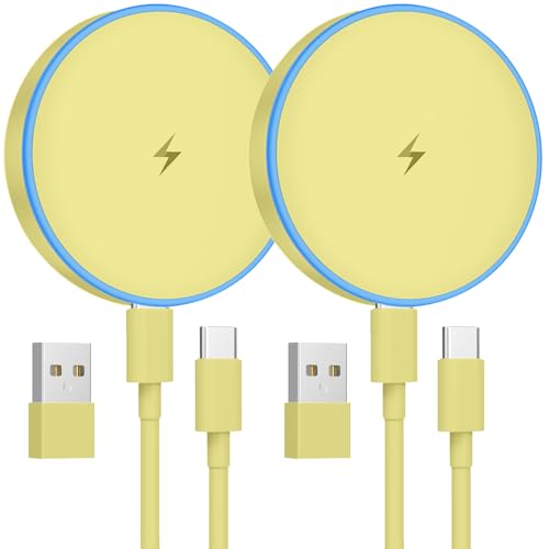 MagSafe Charger 2 Pack 15W Magnetic Wireless Charger Fast Charging Pad Compatible with iPhone 17/16/15/14/13/12 Series & AirPods 3/2/Pro Magnetic MagSafe Charging Pad with Dual Ports-Yellow | Two USB-C cables and two USB-A adapters, compatible with iPhone