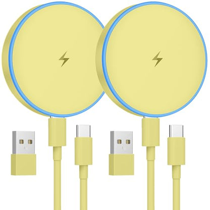 MagSafe Charger 2 Pack 15W Magnetic Wireless Charger Fast Charging Pad Compatible with iPhone 17/16/15/14/13/12 Series & AirPods 3/2/Pro Magnetic MagSafe Charging Pad with Dual Ports-Yellow | Two USB-C cables and two USB-A adapters, compatible with iPhone