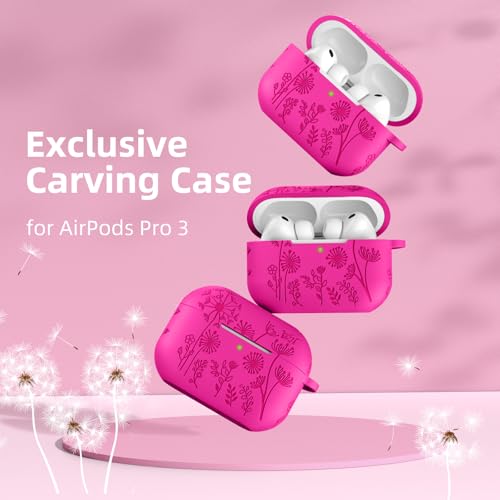Lerobo for AirPods Pro 3 Case, Flower Engraved Soft Silicone Cover, Rose Pink - color: A-Rose Pink, size: AirPods Pro 3 Case