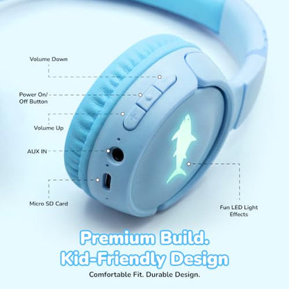 Kids Safe Wireless Light Up Headphones, Foldable Tangle-Free 3.5mm Jack, Volume Limiting 85/94dB, Over-Ear with Microphone for School/Toddlers/Teens/Boys/Girls/Ipad/Tablet/Kindle/Phones/Travel/Plane - color: Blue
