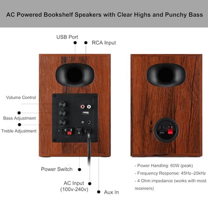 4-Inch Powered Bluetooth Bookshelf Speakers, Black - color: Walnut