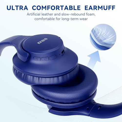 KVIDIO Bluetooth Headphones Over Ear, 65 Hours Playtime Wireless Headphones with Microphone, Foldable Lightweight Headset with Deep Bass, HiFi Stereo Sound Low Latency for Travel Work Cellphone - color: Blue