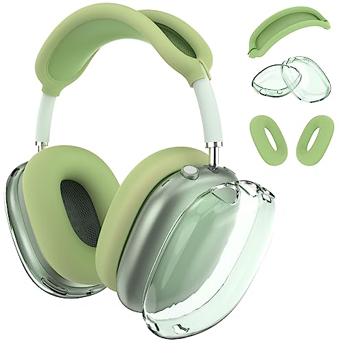 [3 in 1] for Airpods Max Case Cover, Clear Soft TPU Earcup Case Cover+Slicone Earpad Cover+Silicone Overhead Cover, Transparent Protective Case for Apple Airpods Max Accessories(Green)