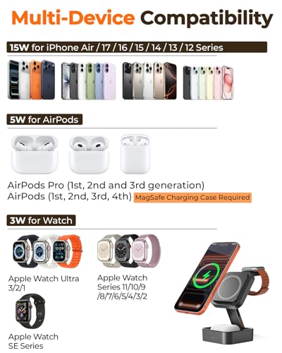 3 in 1 Wireless Charging Station for Apple Multiple Device, MagSafe Charger | Foldable Travel Compact, Charger Stand with 20W PD Adapter for iPhone 17/16/15/14/13, Apple Watch, AirPods Pro/4 - Space Grey