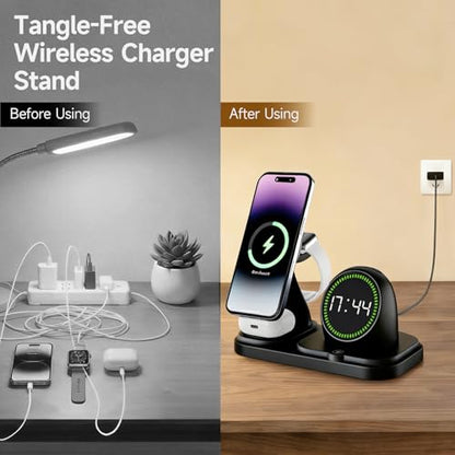 6-in-1 Wireless Charging Station with 30W Fast Adapter, RGB Ambient Light, Digital Clock & Bluetooth Speaker, Multi-Function Desktop Charger for Wireless Charging Phones, Earbuds & Watch - color: Black