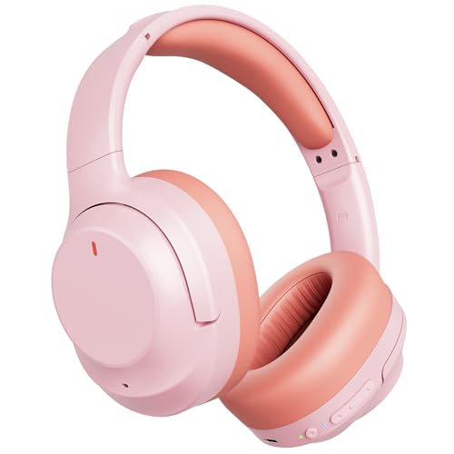 Active Noise Cancelling Headphones, Upgraded Wireless Bluetooth Headphones Over Ear with ENC Mic, HiFi Stereo Deep Bass, Noise Canceling Headphones Lightweight, BT 5.4, for Travel/Office/Home, Pcs - color: Pink