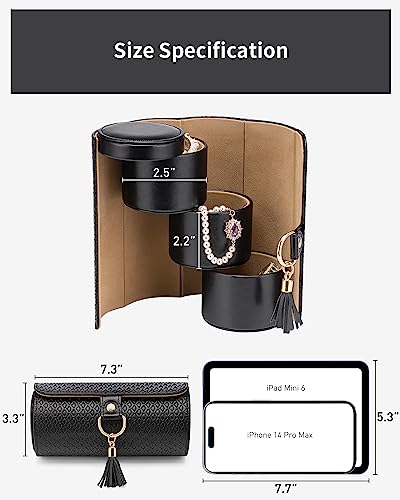 VLANDO Travel Jewelry Organizer, 3 Tier Roll Up Design, Hard Shell Storage | Stepped Sections Compartments Keep Jewelry Visible, Soft Lining Protect Pieces, Snap Closure, Travel Gift for Women Girl - color: Black