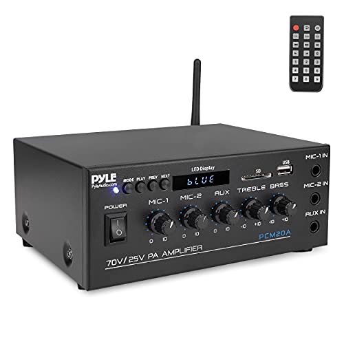 Pyle Compact Mini Home Power Amplifier - 40W Smart Small Audio Stereo Receiver w/AUX, 2 Microphone in, COM/8-Ohm/25V/70V Speakers, LED, Input Selector, for PA, Amplified Speaker Sound System PCM20A.5 | COM/8-Ohm/25V/70V Connect, LED Display - PCM20A.5 - s