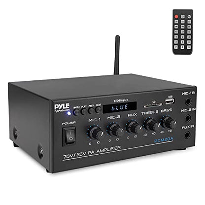 Pyle Compact Mini Home Power Amplifier - 40W Smart Small Audio Stereo Receiver w/AUX, 2 Microphone in, COM/8-Ohm/25V/70V Speakers, LED, Input Selector, for PA, Amplified Speaker Sound System PCM20A.5 | COM/8-Ohm/25V/70V Connect, LED Display - PCM20A.5 - s