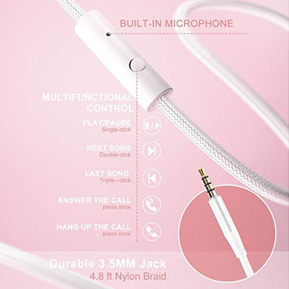 LORELEI X6 Over-Ear Headphones with Microphone, Lightweight Foldable & Portable Stereo Bass Headphones with 1.45M No-Tangle, Wired Headphones for Smartphone Tablet MP3 / 4 (Pearl Pink) - color: Pearl Pink