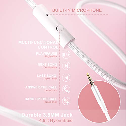 LORELEI X8 Over-Ear Wired Headphones with Microphone with 1.45m-Tangle-Free Nylon Line&3.5mm Plug,Lightweight Foldable & Portable Headphones for Smartphone,Tablet,Computer,Mp3/4（Pearl Pink） - color: Pearl Pink