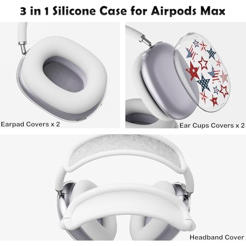 for AirPods Max 2/1 Headphones 4th of July Patriotic Ear Covers | America Stars Clear Ear Cups Cover | White Silicone Ear Pad Case Headband Cover for Apple AirPods Max 2/1 (2026/2024/2020) - color: America Stars A