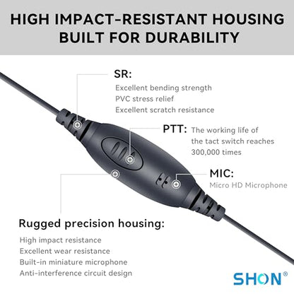 SHON Earpiece for Walkie Talkie Radio with Microphone, 2 Pin Sound Tube Headset,Compatible with Kenwood Baofeng Retevis and Other Two Way Radios (1 Set/Black)