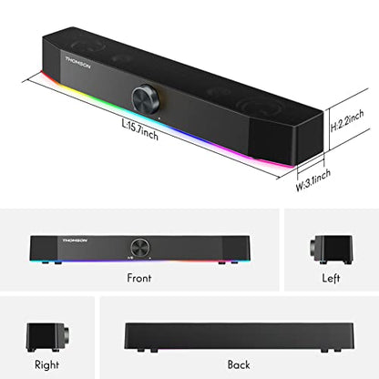THOMSON Computer Speakers, Bluetooth Computer SoundBar, Dynamic RGB PC Speakers with 10W Stereo Sound, 3.5mm Aux-in Connection, USB Powered Computer Speakers for PC, Desktop Monitor, Laptop, Tablets