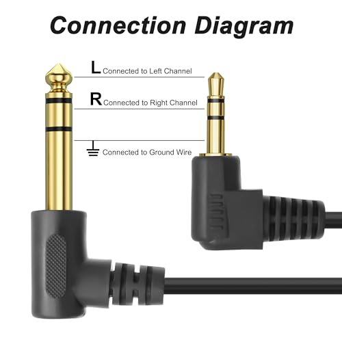 MEIRIYFA 3.5mm to 6.35mm Stereo Audio Cable, 3.5mm 1/8 inch Male TRS to 6.35mm 1/4 inch Male TRS Right Angle Audio Cable Cord for Guitar Laptop Home Theater Smartphone Amplifier (2PCS, 1.8M)