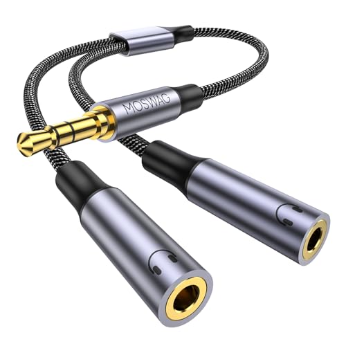 MOSWAG Headphone Splitter 3.5mm Audio Male to Dual Female Y Splitter Cable | Audio Sharing, HiFi Stereo Jack, Aluminum Alloy Shell, 24K Gold-Plated, For Phone Headset iPad, 9.84" Not supporting charging - color: Black
